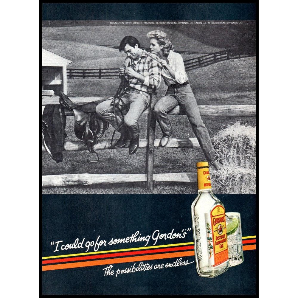 1985 Gordon's Gin Vintage Print Ad Saddle Horse Pasture Fence Barn Wall Art